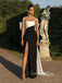 Elegant Black White Satin Strapless Long Evening Prom Dresses, Cheap High Slit Prom Dress, GR0157