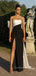 Elegant Black White Satin Strapless Long Evening Prom Dresses, Cheap High Slit Prom Dress, GR0157