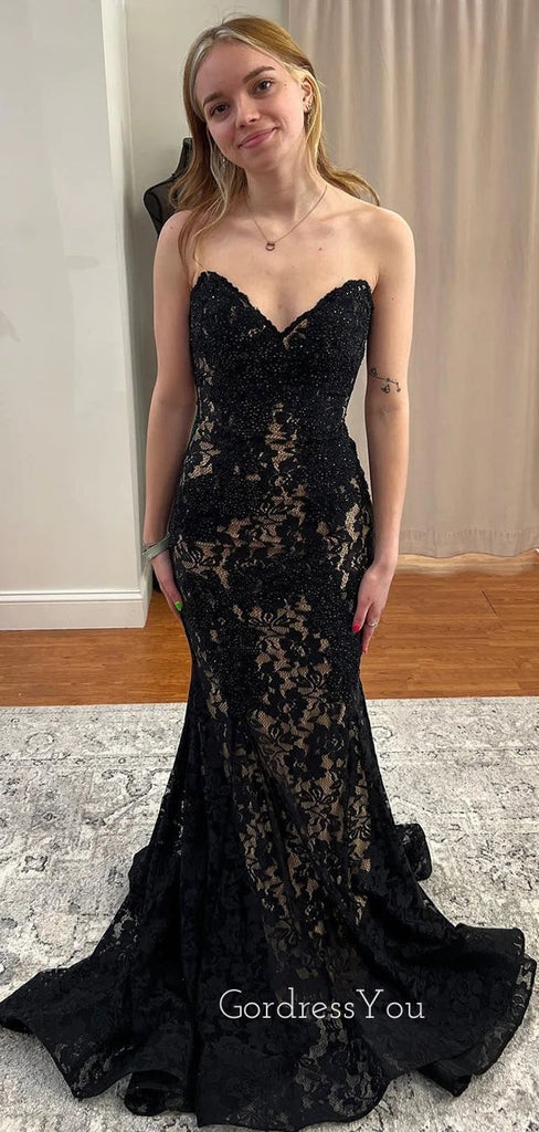 Mermaid Black Lace Strapless Long Evening Prom Dresses, Custom Formal Prom Dress, GR0158