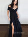 Off Shoulder Black A-line Long Evening Prom Dresses, Cheap Side Slit Prom Dress, GR0160