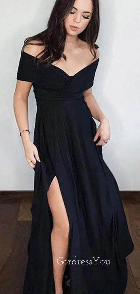 Off Shoulder Black A-line Long Evening Prom Dresses, Cheap Side Slit Prom Dress, GR0160