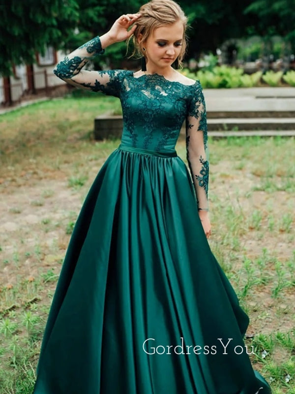 Long Sleeves Dark Green Satin Appliques A-line Long Evening Prom Dresses, Cheap Off Shoulder Prom Dress, GR0161