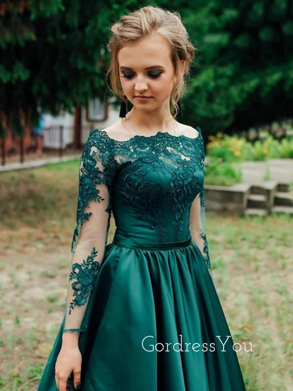 Long Sleeves Dark Green Satin Appliques A-line Long Evening Prom Dresses, Cheap Off Shoulder Prom Dress, GR0161