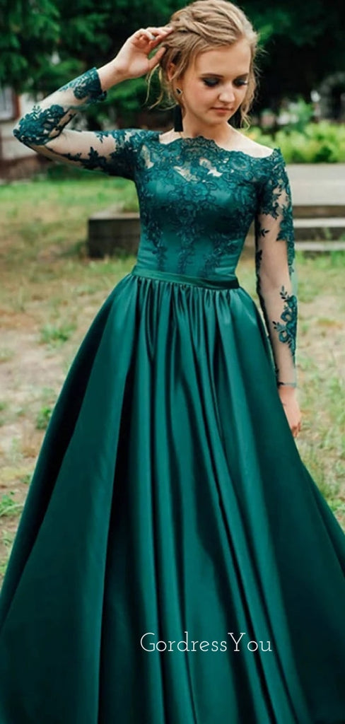 Long Sleeves Dark Green Satin Appliques A-line Long Evening Prom Dresses, Cheap Off Shoulder Prom Dress, GR0161