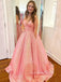 Pink Sequins A-line Spaghetti Straps Long Evening Prom Dresses, Custom V-neck Prom Dress, GR0162