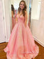 Pink Sequins A-line Spaghetti Straps Long Evening Prom Dresses, Custom V-neck Prom Dress, GR0162