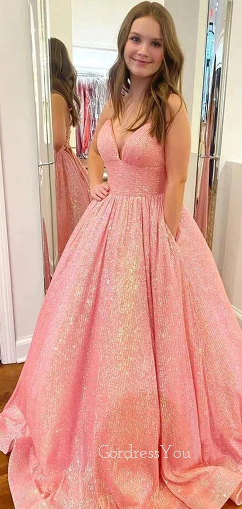 Pink Sequins A-line Spaghetti Straps Long Evening Prom Dresses, Custom V-neck Prom Dress, GR0162