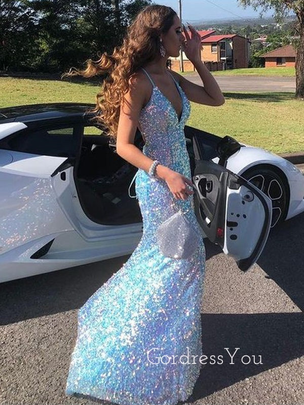 Sparkly Blue Sequins Spaghetti Straps Long Evening Prom Dresses, Custom Mermaid V-neck Prom Dress, GR0163