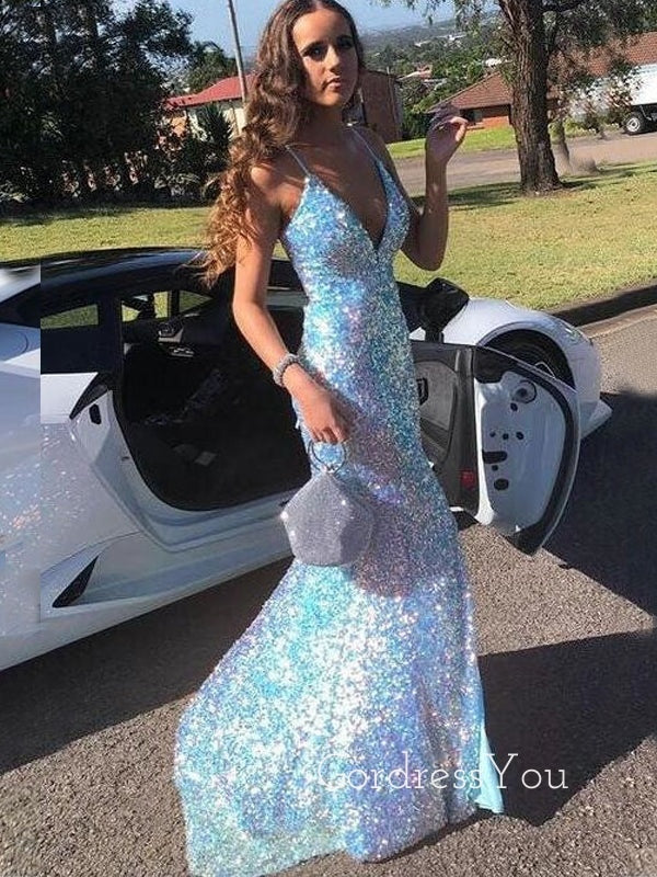 Sparkly Blue Sequins Spaghetti Straps Long Evening Prom Dresses, Custom Mermaid V-neck Prom Dress, GR0163