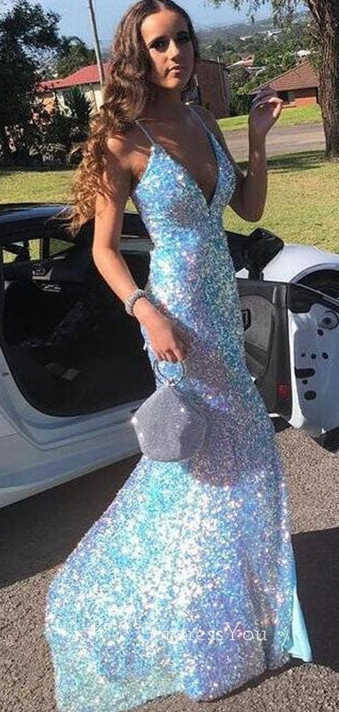 Sparkly Blue Sequins Spaghetti Straps Long Evening Prom Dresses, Custom Mermaid V-neck Prom Dress, GR0163