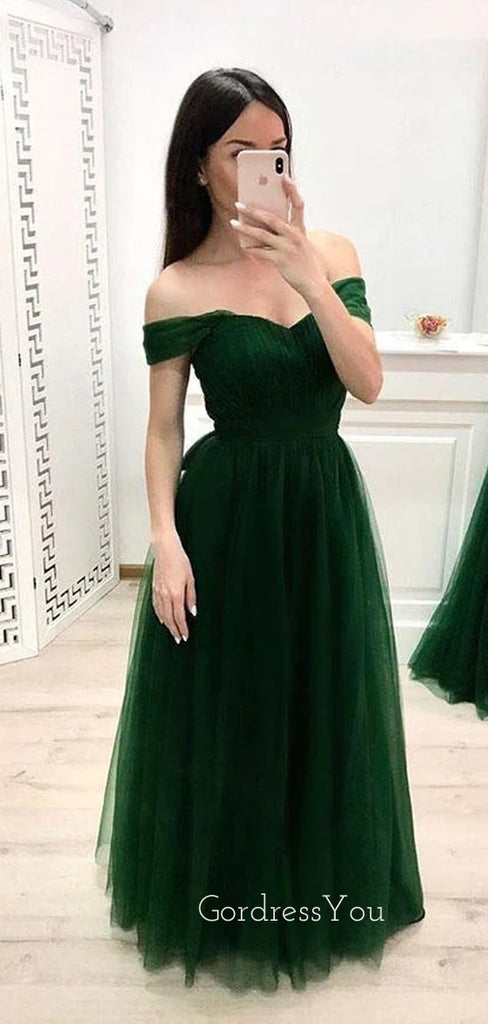 A-line Emerald Green Tulle Long Evening Prom Dresses, Custom Off Shoulder Prom Dress, GR0165