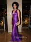 Deep V-neck Purple Satin Mermaid Long Evening Prom Dresses, Custom Prom Dress, GR0166