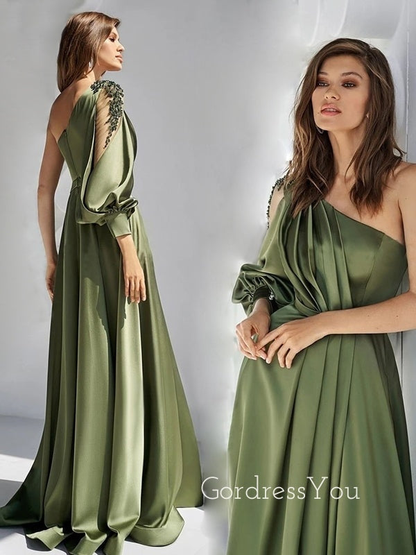 One Shoulder Clover Satin Long Sleeves Long Evening Prom Dresses, Custom High Slit Prom Dress, GR0168