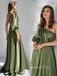 One Shoulder Clover Satin Long Sleeves Long Evening Prom Dresses, Custom High Slit Prom Dress, GR0168