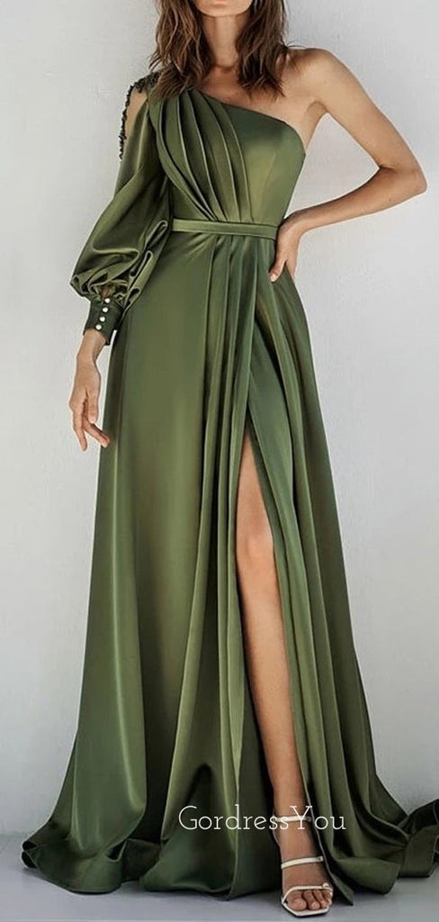 One Shoulder Clover Satin Long Sleeves Long Evening Prom Dresses, Custom High Slit Prom Dress, GR0168