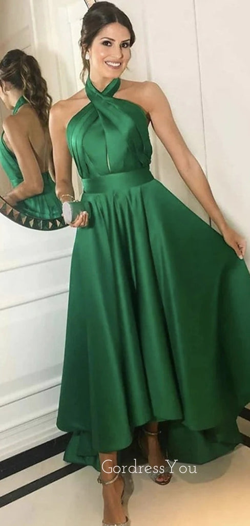 A-line Emerrald Green Satin Long Evening Prom Dresses, Custom Halter Prom Dress, GR0173