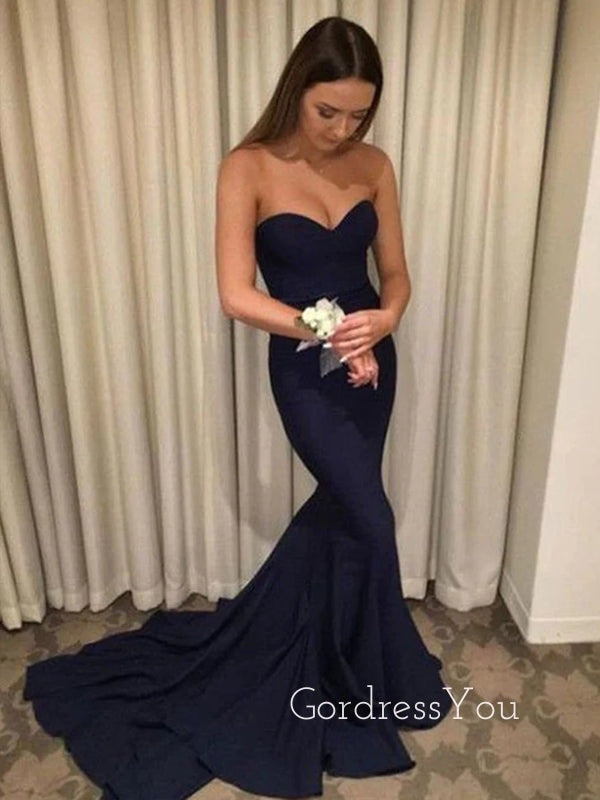 Mermaid Navy Blue Formal Sweetheart Long Evening Prom Dresses, Custom Strapless Prom Dress, GR0176