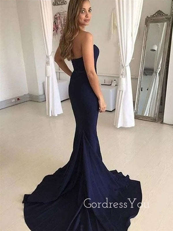 Mermaid Navy Blue Formal Sweetheart Long Evening Prom Dresses, Custom Strapless Prom Dress, GR0176