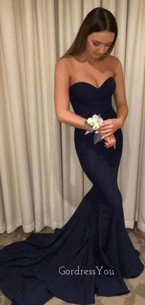 Mermaid Navy Blue Formal Sweetheart Long Evening Prom Dresses, Custom Strapless Prom Dress, GR0176