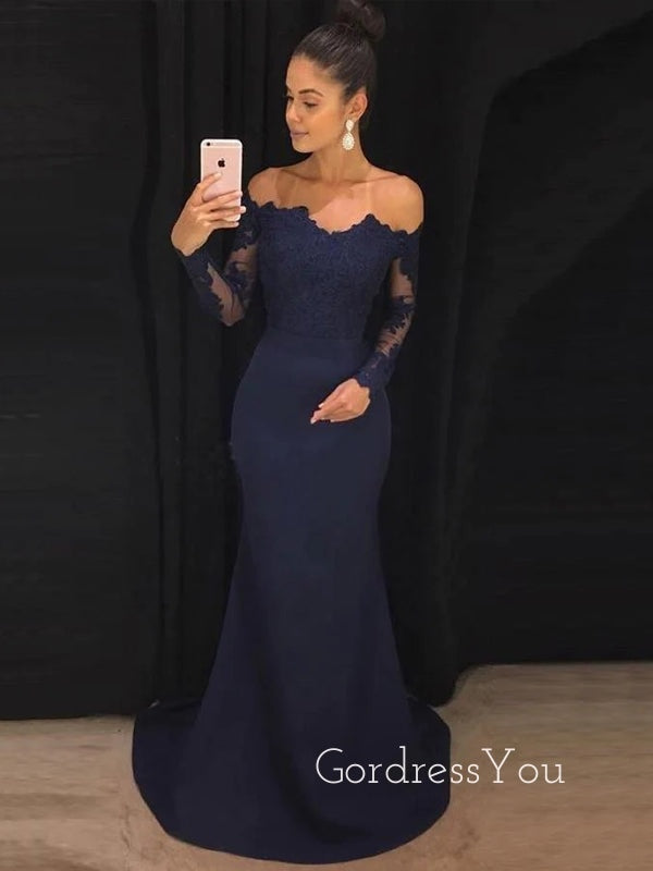 Navy Blue Appliques Mermaid Long Evening Prom Dresses, Custom Off Shoulder Prom Dress, GR0180