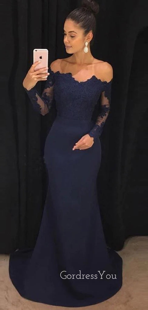 Navy Blue Appliques Mermaid Long Evening Prom Dresses, Custom Off Shoulder Prom Dress, GR0180