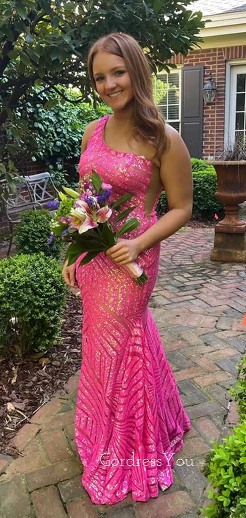 Hot Pink Sequins Mermaid Long Evening Prom Dresses, Custom One Shoulder Prom Dress, GR0182