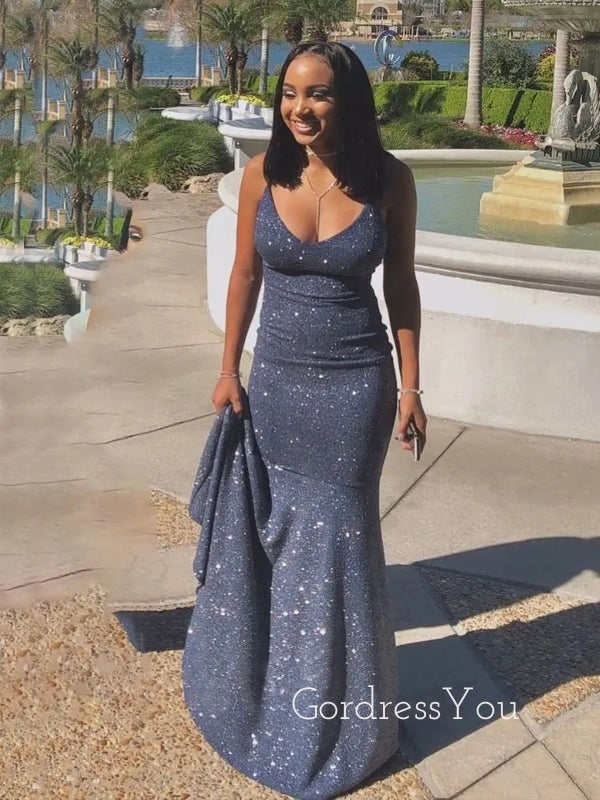 Sparkly Blue Mermaid Spaghetti Straps Long Evening Prom Dresses, V-neck Prom Dress, GR0184