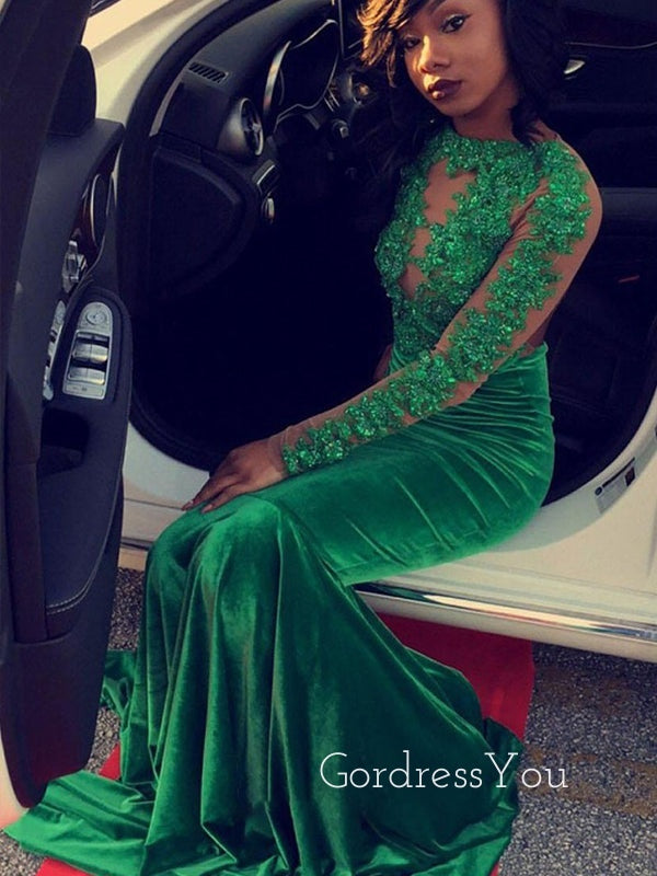 Long Sleeves Emerald Green Velvet Appliques Long Evening Prom Dresses, Mermaid Prom Dress, GR0185