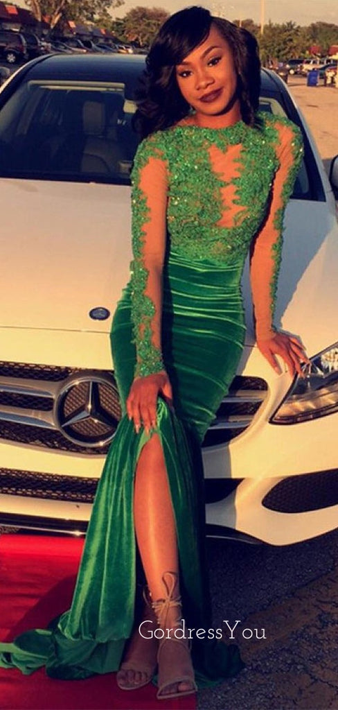 Long Sleeves Emerald Green Velvet Appliques Long Evening Prom Dresses, Mermaid Prom Dress, GR0185