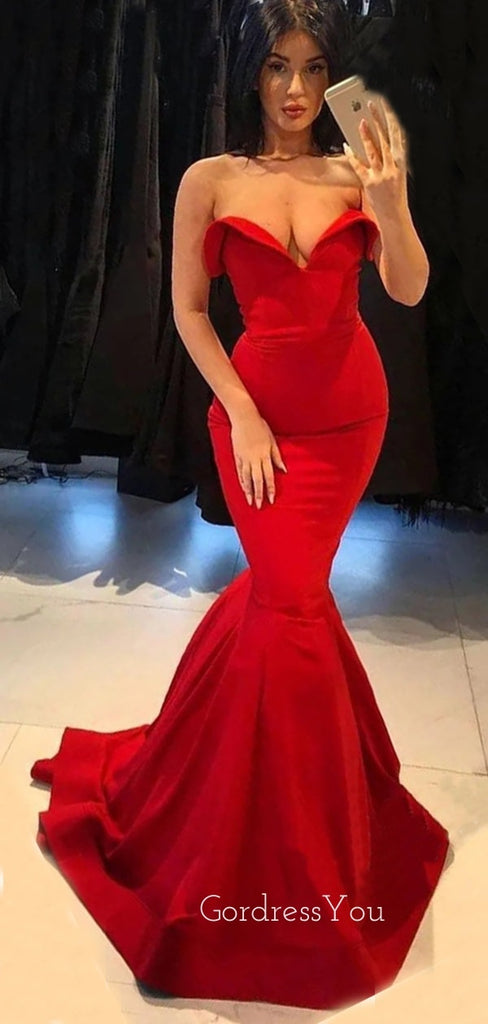 Sweetheart Red Satin Mermaid Long Evening Prom Dresses, Strapless Custom Prom Dress, GR0187