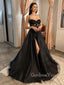 Sparkly A-line Spaghetti Straps Black Long Evening Prom Dresses, High Slit Custom Prom Dress, GR0188