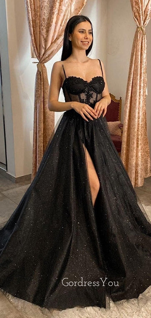 Sparkly A-line Spaghetti Straps Black Long Evening Prom Dresses, High Slit Custom Prom Dress, GR0188