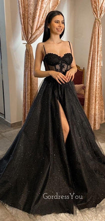 Sparkly A-line Spaghetti Straps Black Long Evening Prom Dresses, High Slit Custom Prom Dress, GR0188