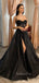 Sparkly A-line Spaghetti Straps Black Long Evening Prom Dresses, High Slit Custom Prom Dress, GR0188