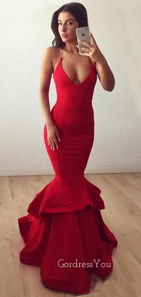 Mermaid Red Spaghetti Straps Long Evening Prom Dresses, V-neck Custom Prom Dress, GR0189