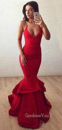 Mermaid Red Spaghetti Straps Long Evening Prom Dresses, V-neck Custom Prom Dress, GR0189