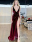 Burgundy Velvet Side Slit Long Evening Prom Dresses, V-neck Custom Prom Dress, GR0190