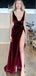 Burgundy Velvet Side Slit Long Evening Prom Dresses, V-neck Custom Prom Dress, GR0190