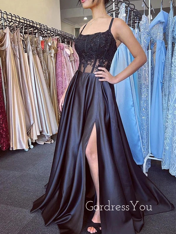 A-line Black Satin appliques Spaghetti Straps Long Evening Prom Dresses, GR0191