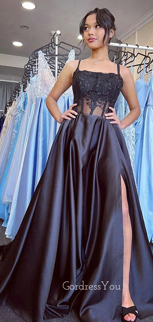 A-line Black Satin appliques Spaghetti Straps Long Evening Prom Dresses, GR0191