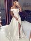 Copy of Off Shoulder White Satin Side Slit Long Evening Prom Dresses, A-line Wedding Dress, GR0193