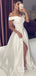 Copy of Off Shoulder White Satin Side Slit Long Evening Prom Dresses, A-line Wedding Dress, GR0193