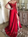 Off Shoulder Red Appliques Long Evening Prom Dresses, A-line Side Slit Prom Dress, GR0196