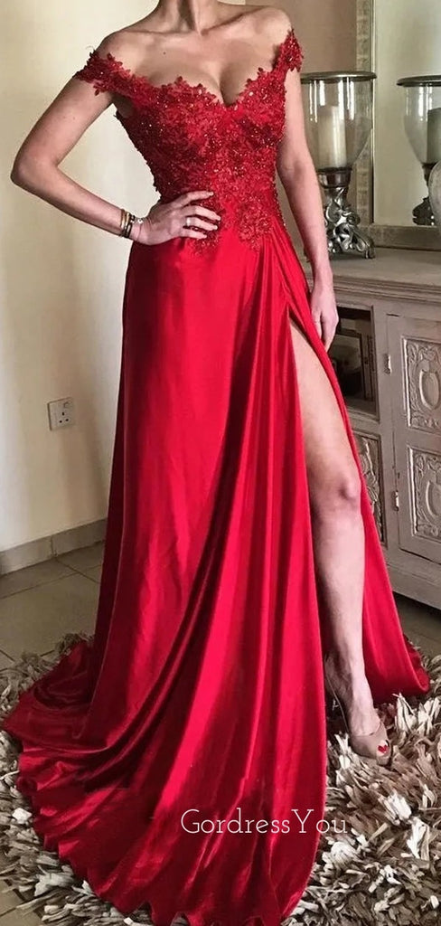 Off Shoulder Red Appliques Long Evening Prom Dresses, A-line Side Slit Prom Dress, GR0196