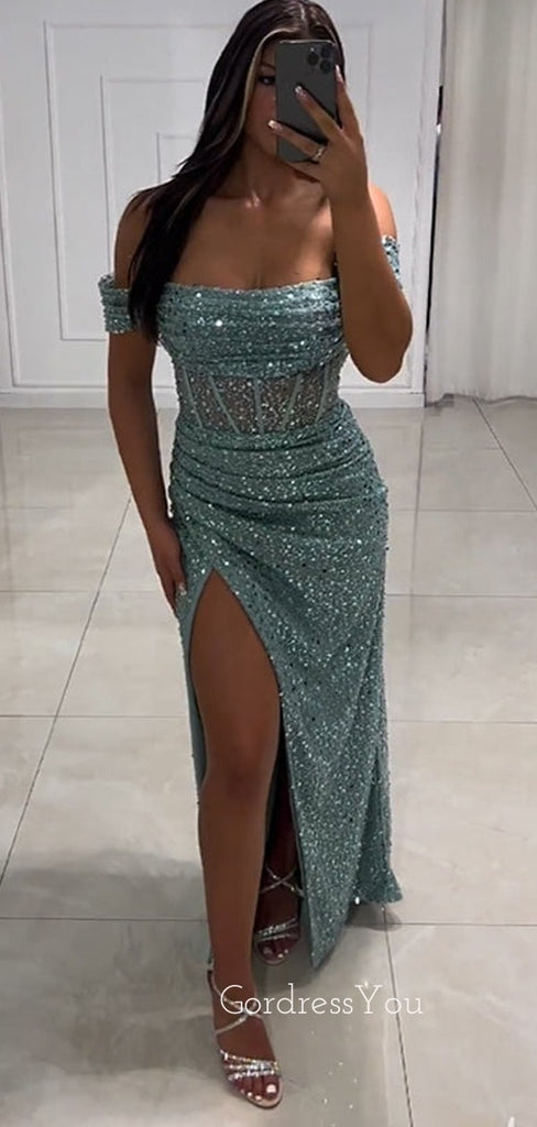 Off Shoulder Mermaid Sequins Long Evening Prom Dresses, Side Slit Custom Prom Dress, GR0198