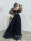 Long Sleeves A-line Black Tulle Long Evening Prom Dresses, Cheap Custom Prom Dress, GR0200