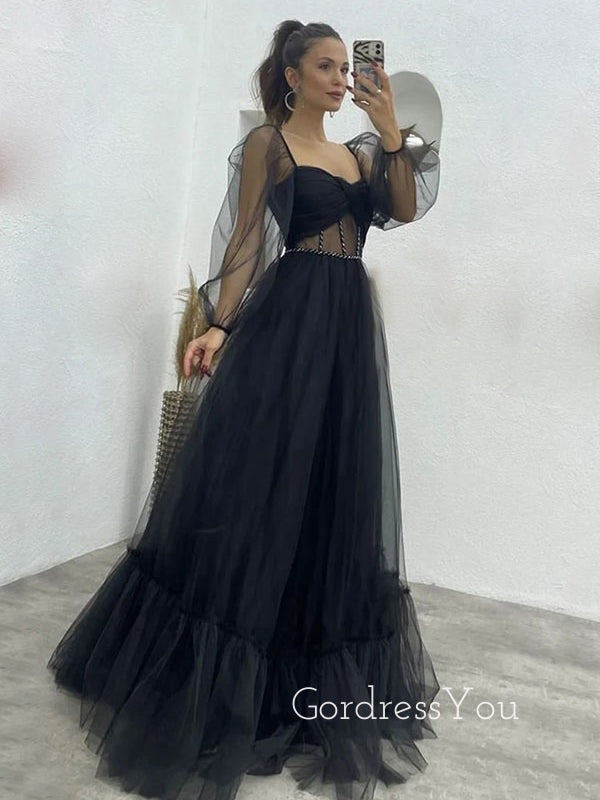 Long Sleeves A-line Black Tulle Long Evening Prom Dresses, Cheap Custom Prom Dress, GR0200