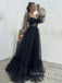 Long Sleeves A-line Black Tulle Long Evening Prom Dresses, Cheap Custom Prom Dress, GR0200