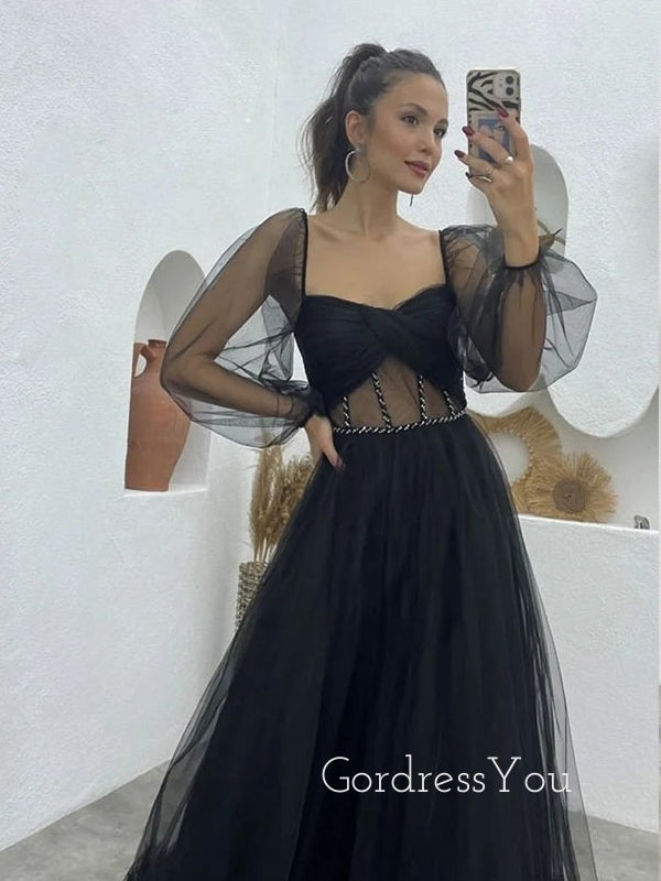 Long Sleeves A-line Black Tulle Long Evening Prom Dresses, Cheap Custom Prom Dress, GR0200