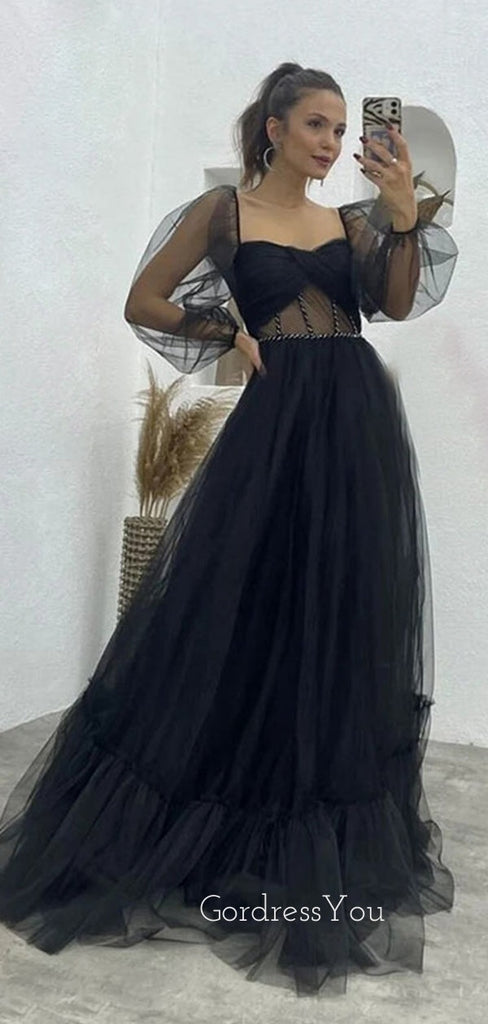 Long Sleeves A-line Black Tulle Long Evening Prom Dresses, Cheap Custom Prom Dress, GR0200